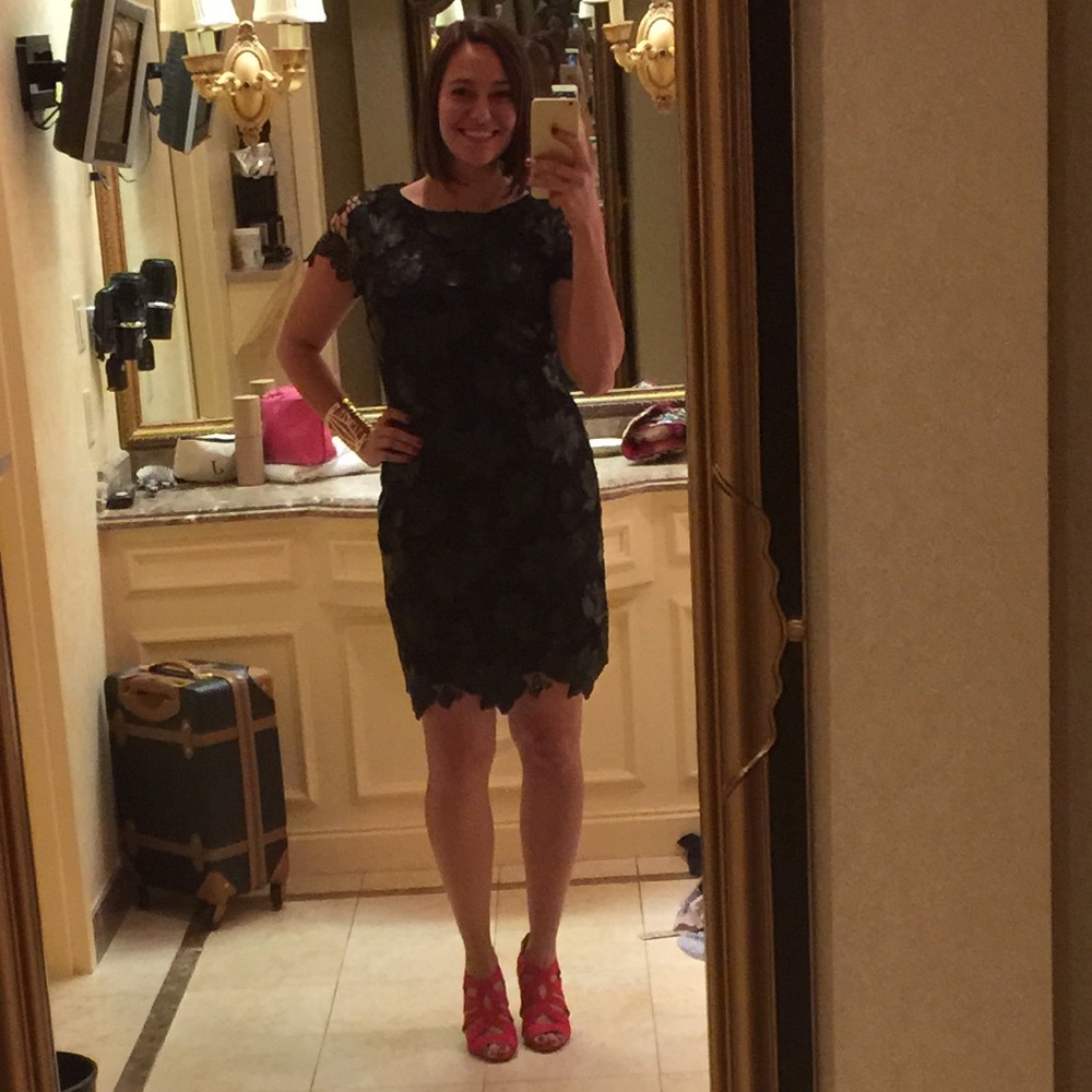 Caché black faux leather lace cutout dress